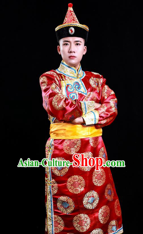 Chinese Traditional Red Brocade Mongolian Robe Mongol Minority Male Apparels Ethnic Festival Dance Clothing