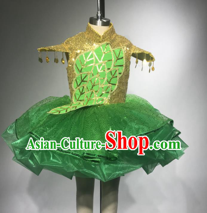 Professional Girl Dancewear Modern Dance Garment Costume Tutu Dance Green Veil Dress Children Dance Competition Clothing