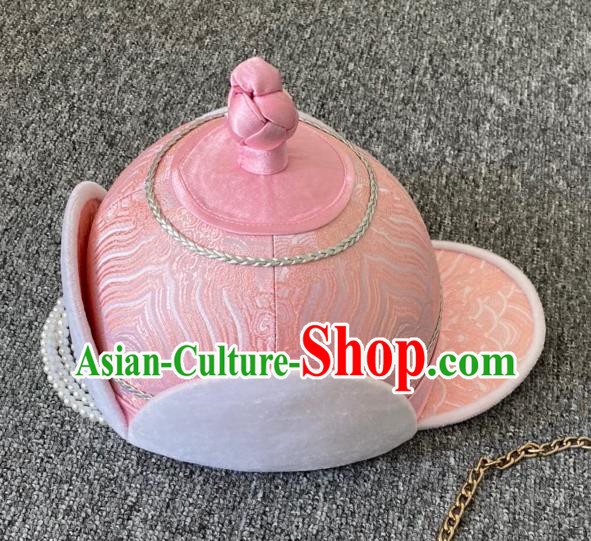 China Handmade Ethnic Stage Performance Pink Brocade Hat Mongolian Nationality Girl Hair Accessories Mongol Folk Dance Headdress