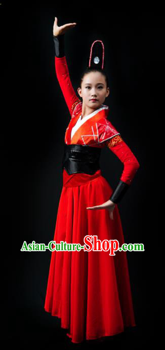 China Girl Kung Fu Performance Clothing Folk Dance Garment Costumes Drum Dance Red Dress Children Swords Dance Outfits