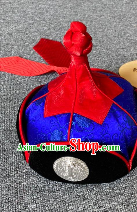 China Mongol Folk Dance Headdress Handmade Ethnic Stage Performance Royalblue Brocade Hat Mongolian Nationality Boy Hair Accessories