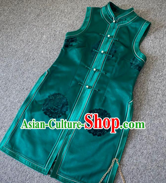 Chinese Ethnic Performance Waistcoat Mongolian Woman Upper Outer Garment Mongol Nationality Green Brocade Long Vest