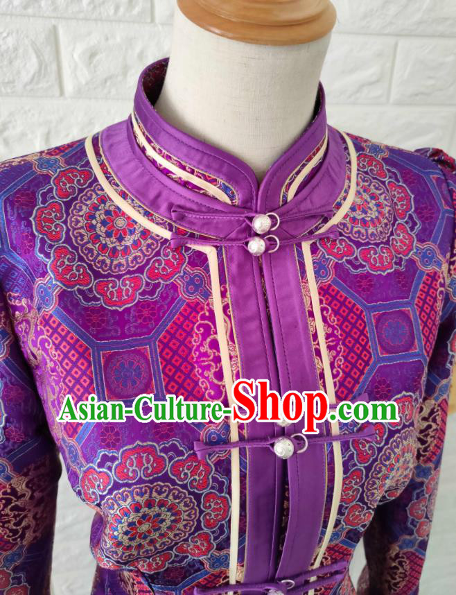 Chinese Mongol Nationality Purple Brocade Coat Ethnic Performance Jacket Mongolian Woman Outer Garment