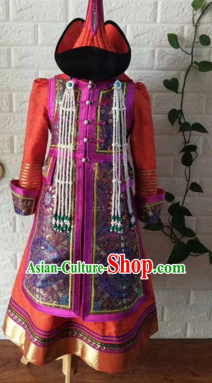 Chinese Mongolian Girl Festival Attire Mongol Nationality Stage Performance Robe Ethnic Children Dress Clothing
