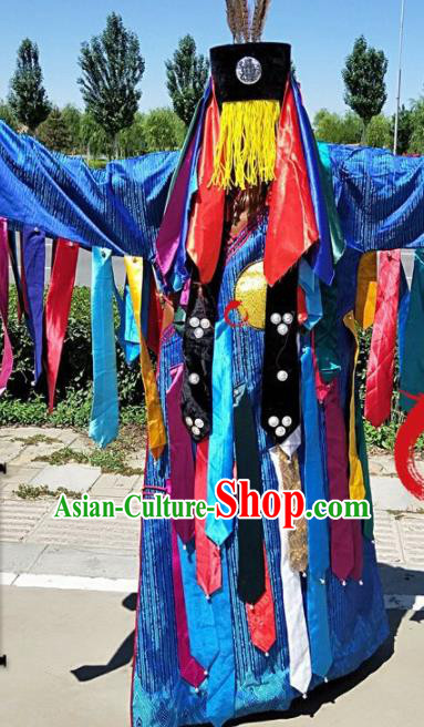 Chinese Mongol Minority Religious Rites Apparels Ethnic Fiesta Ceremonial Clothing Traditional Shaman Wizard Blue Robe and Headdress