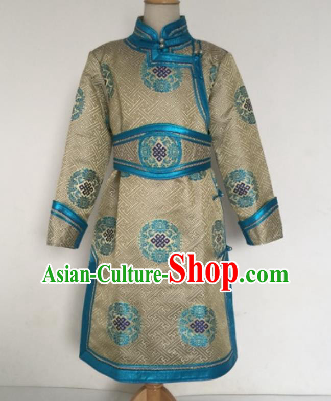 Chinese Mongol Nationality Boys Khaki Brocade Robe Ethnic Children Dance Clothing Mongolian Festival Performance Garment