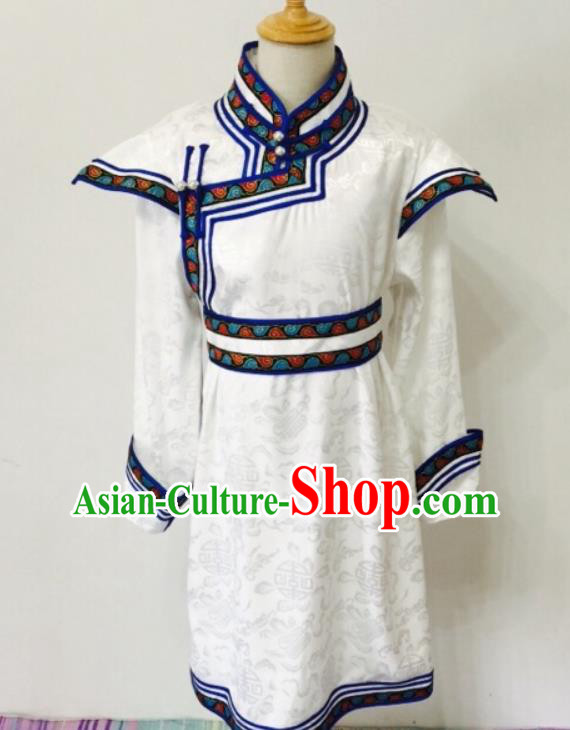 Chinese Mongolian Festival Performance Garment Mongol Nationality Boys White Brocade Robe Ethnic Children Dance Clothing