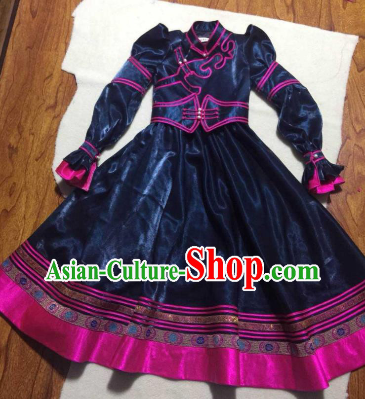 Chinese Ethnic Children Dance Clothing Mongolian Festival Dress Garment Mongol Nationality Girl Navy Brocade Robe