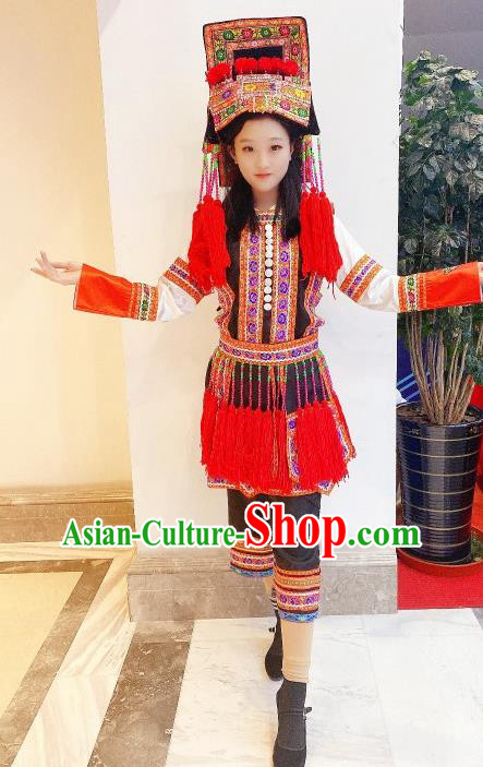 Chinese Lisor Minority Garment Costumes Yunnan Ethnic Folk Dance Clothing Traditional Lisu Nationality Woman Red Dress Outfits