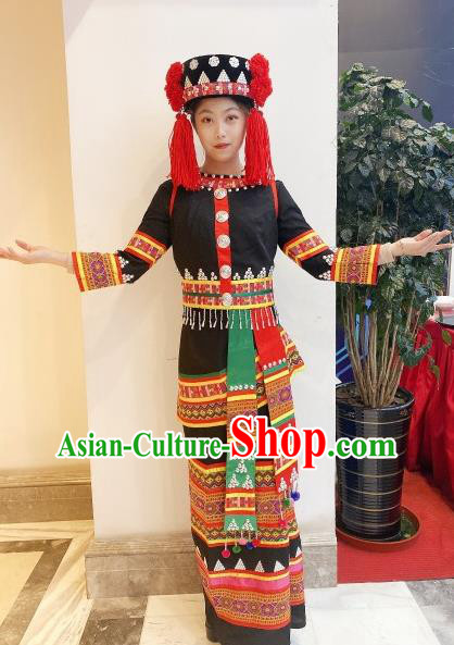 Chinese Ethnic Folk Dance Clothing Traditional Yi Nationality Black Dress Outfits Yunnan Minority Woman Garment Costumes