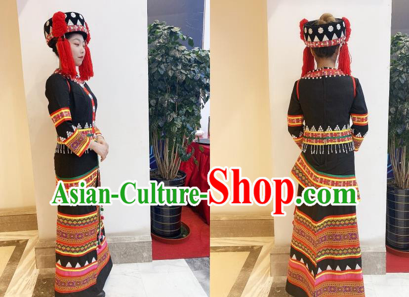 Chinese Ethnic Folk Dance Clothing Traditional Yi Nationality Black Dress Outfits Yunnan Minority Woman Garment Costumes