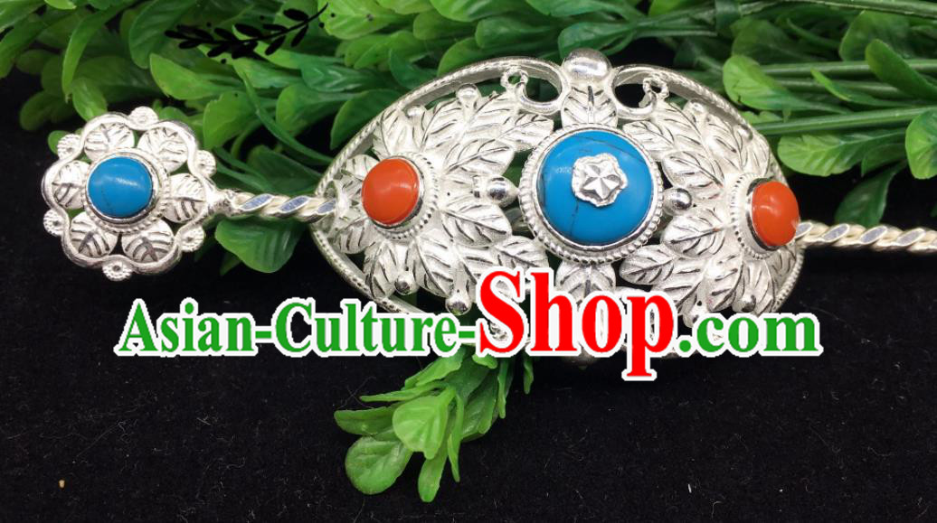 China Tibetan Minority Headpieces Xizang Ethnic Festival Performance Silver Hairdo Crown and Hairpin Zang Nationality Folk Dance Hair Accessories