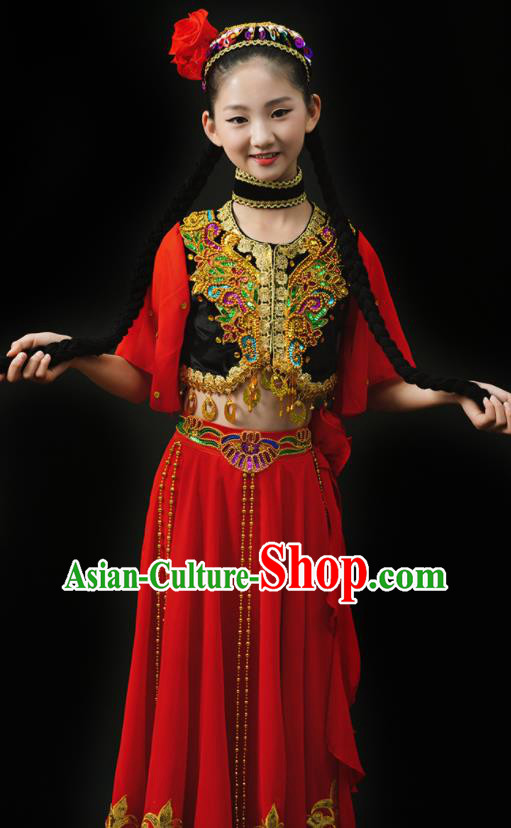 Chinese Xinjiang Ethnic Girl Dance Costumes Uyghur Nationality Stage Performance Red Dress Outfits Uighur Minority Children Dance Clothing