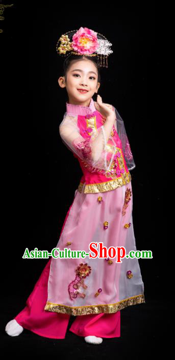 China Ancient Princess Dance Pink Dress Qing Dynasty Children Outfits Girl Performance Clothing Classical Dance Garment Costumes