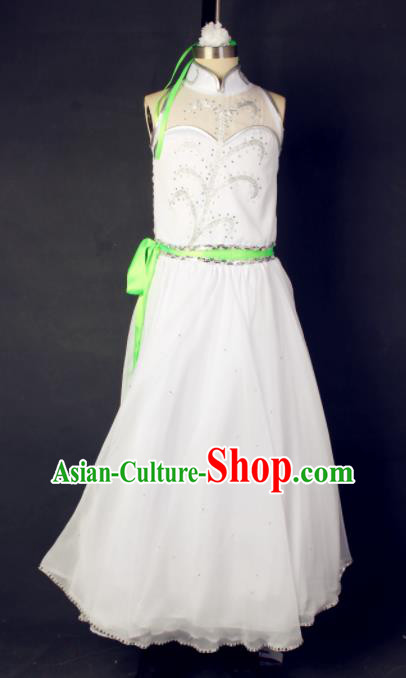 China Girl Performance Clothing Classical Dance Garment Costumes Umbrella Dance White Dress Children Jasmine Flower Dance Outfits