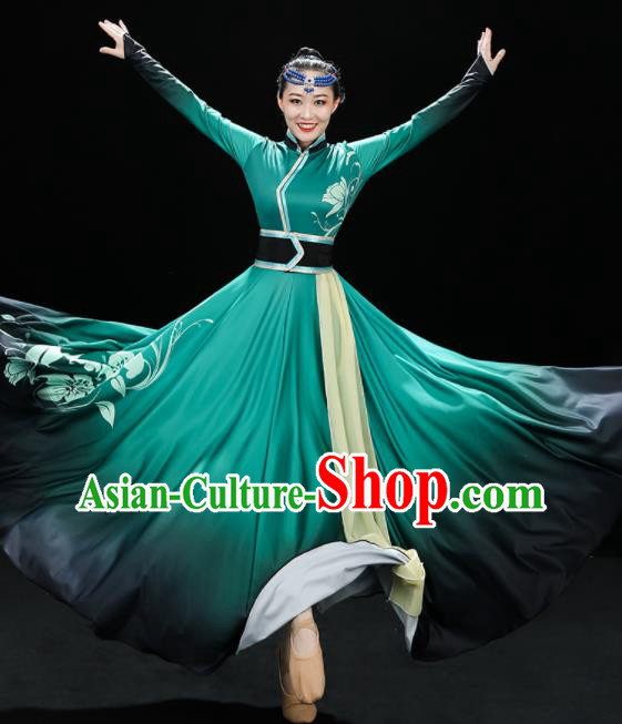 Chinese Mongol Nationality Dance Green Dress Outfits Mongolian Minority Folk Dance Clothing Ethnic Festival Performance Costumes