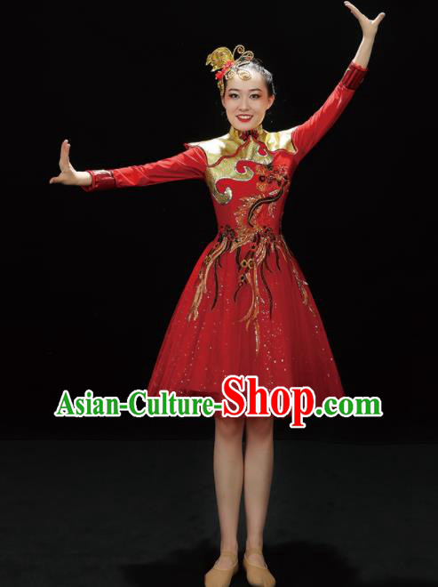 Professional China Stage Performance Costume Women Drum Dance Garments Modern Dance Clothing Spring Festival Gala Opening Dance Red Dress