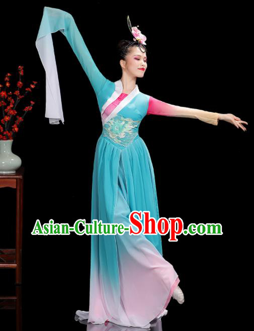 China Woman Performance Clothing Classical Dance Garment Costumes Umbrella Dance Dress Jinghong Dance Blue Outfits