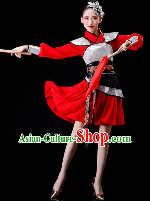 Chinese Traditional Drum Dance Apparels Women Group Performance Clothing Yangko Dance Red Dress Outfits Folk Dance Costumes