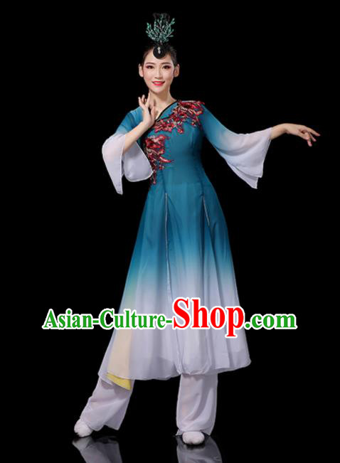 China Fan Dance Blue Outfits Woman Performance Clothing Classical Dance Garment Costumes Umbrella Dance Dress