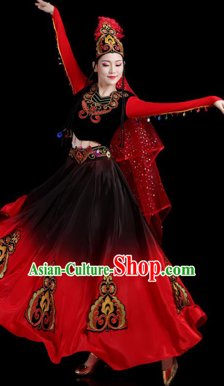 Chinese Uyghur Nationality Stage Performance Red Dress Outfits Uighur Minority Female Dance Clothing Xinjiang Ethnic Festival Costumes