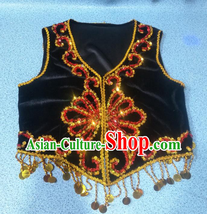 Chinese Ethnic Woman Dancewear Uighur Nationality Woman Black Embroidered Vest Uyghur Minority Dance Waistcoat Clothing