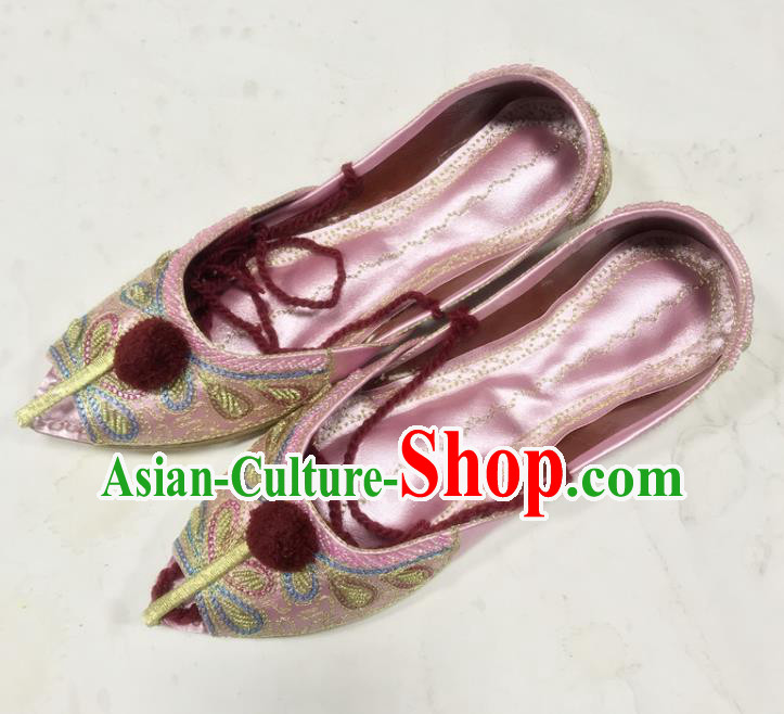 Handmade Indian Folk Dance Shoes Embroidery Shoes Asian Nepal Shoes India Female Pink Leather Shoes