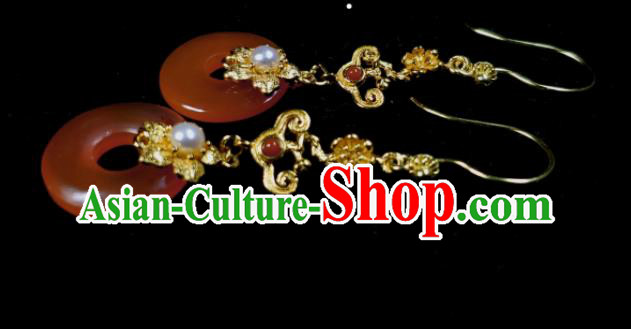 Handmade Chinese Qing Dynasty Imperial Consort Eardrop Traditional Agate Ring Ear Accessories National Pearls Earrings Cheongsam Ear Jewelry