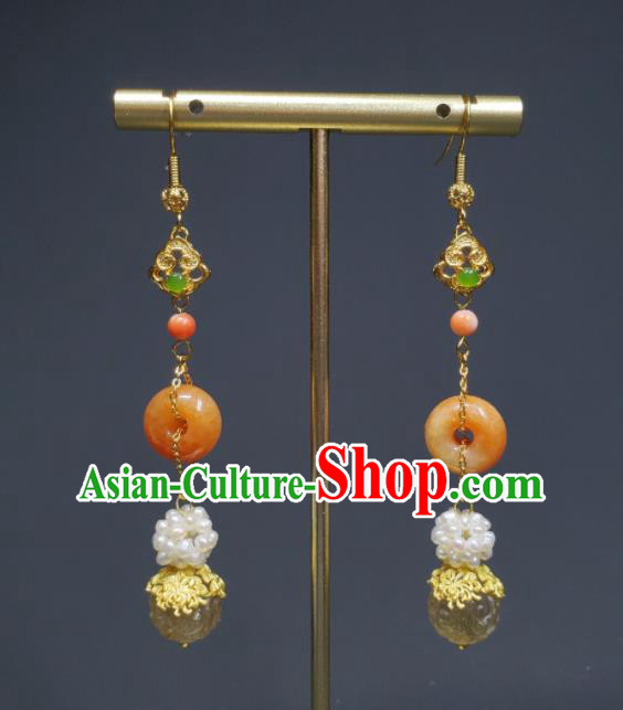 Handmade Chinese Cheongsam Ear Jewelry Qing Dynasty Imperial Consort Eardrop Traditional Agate Ear Accessories National Pearls Earrings