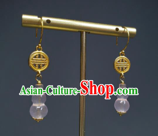 Handmade Chinese Traditional Ear Accessories National Rose Quartz Gourd Earrings Cheongsam Ear Jewelry Qing Dynasty Imperial Consort Eardrop