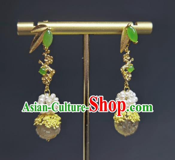 Handmade Chinese National Topaz Carving Earrings Traditional Jade Ear Jewelry Qing Dynasty Pearls Eardrop Cheongsam Ear Accessories