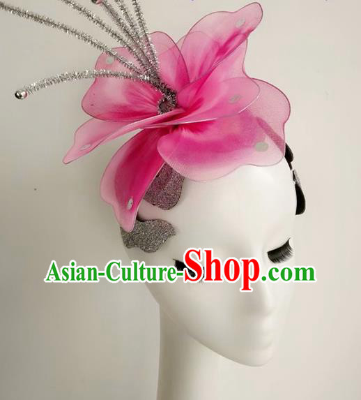 China Stage Performance Hair Accessories Modern Dance Headpiece Women Opening Dance Hair Crown Group Dance Pink Flower Hat