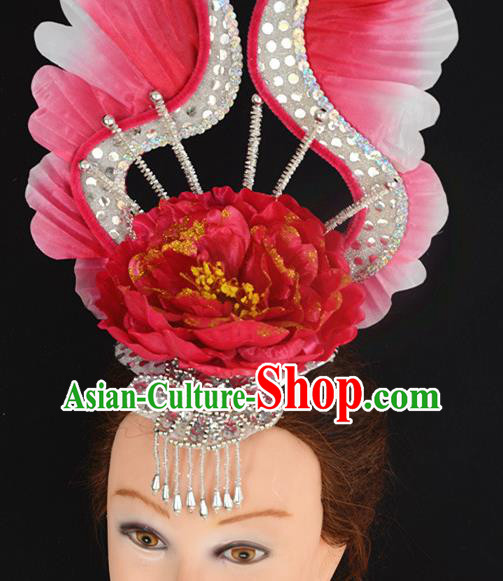 China Opening Dance Red Peony Hair Crown Women Group Dance Hat Flower Dance Hair Accessories Modern Dance Headpiece