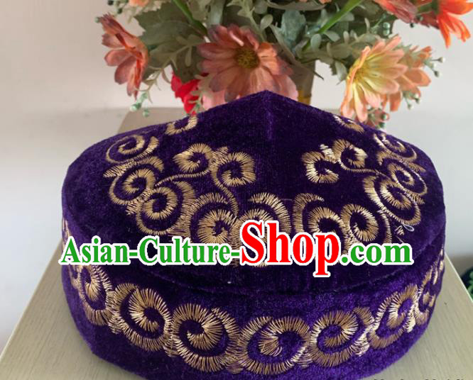 Chinese Xinjiang Kazakh Minority Male Headdress Ethnic Stage Performance Headwear Kazak Nationality Dance Purple Pleuche Hat