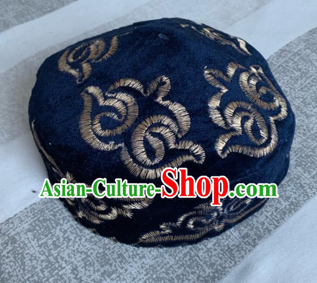 Chinese Ethnic Stage Performance Headwear Kazak Nationality Dance Navy Pleuche Hat Xinjiang Kazakh Minority Male Headdress