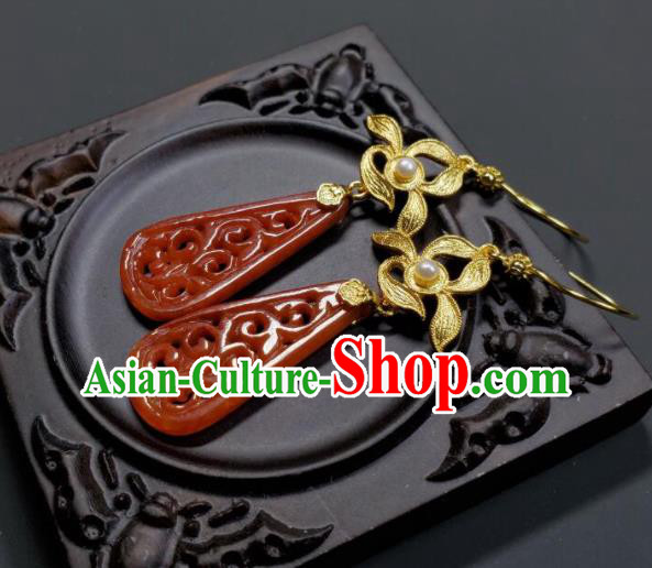 Handmade Chinese Agate Ear Accessories National Golden Orchid Earrings Traditional Cheongsam Ear Jewelry Qing Dynasty Court Eardrop