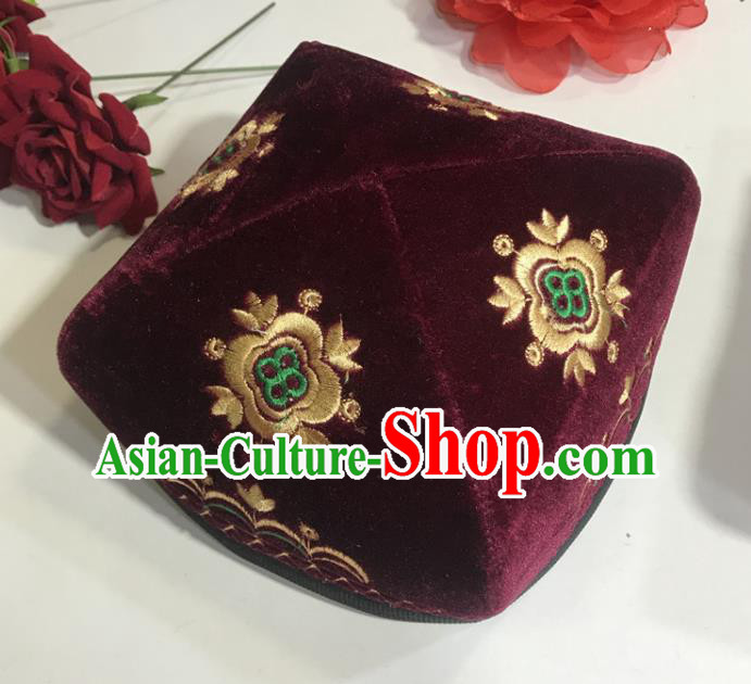 Chinese Xinjiang Ethnic Male Embroidered Wine Red Pleuche Headwear Uyghur Nationality Square Hat Uighur Minority Performance Headdress