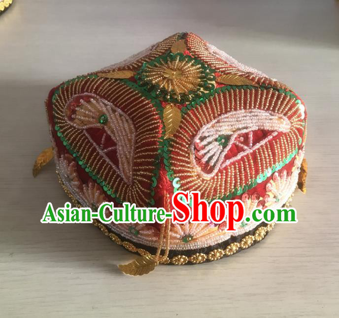 China Xinjiang Ethnic Female Red Hat Uyghur Nationality Dance Headwear Uighur Minority Stage Performance Sequins Headdress