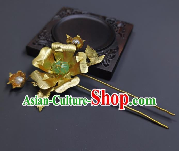 Chinese Ancient Imperial Consort Golden Peony Hairpin Traditional Qipao Dress Hair Accessories Handmade Qing Dynasty Court Woman Hair Stick