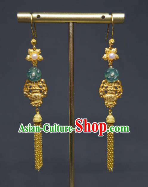 Handmade Chinese Golden Tassel Ear Accessories National Jadeite Earrings Traditional Cheongsam Ear Jewelry Qing Dynasty Eardrop