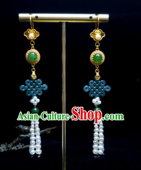 Handmade Chinese Qing Dynasty Eardrop Pearls Tassel Ear Accessories National Jadeite Earrings Traditional Cheongsam Ear Jewelry