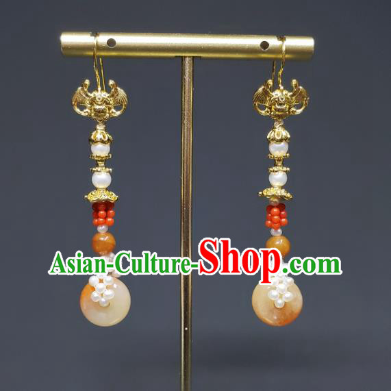 Handmade Chinese Qing Dynasty Court Eardrop Traditional Agate Ring Ear Accessories National Golden Bat Earrings Cheongsam Ear Jewelry