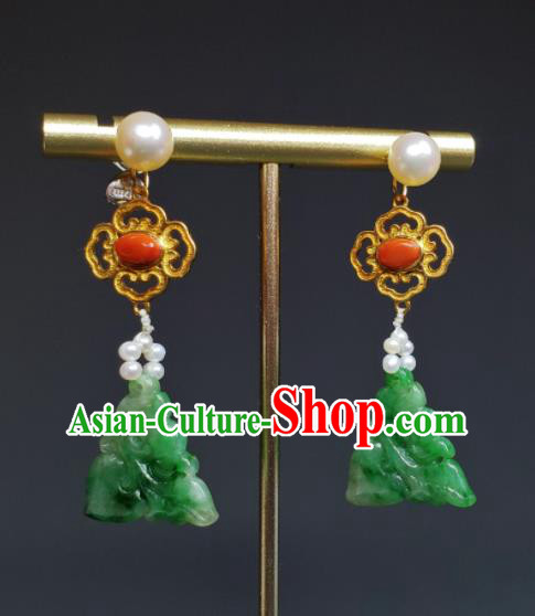 Handmade Chinese Coral Eardrop Traditional Ear Accessories National Jadeite Carving Earrings Cheongsam Ear Jewelry