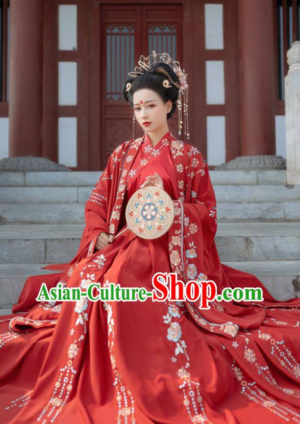 China Han Dynasty Royal Princess Historical Clothing Ancient Wedding Garment Costumes Traditional Court Beauty Embroidery Red Hanfu Dresses