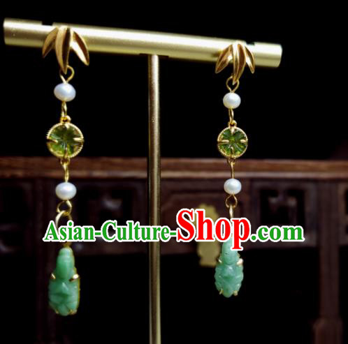 Handmade Chinese National Jadeite Earrings Traditional Ear Jewelry Golden Bamboo Leaf Eardrop Cheongsam Ear Accessories