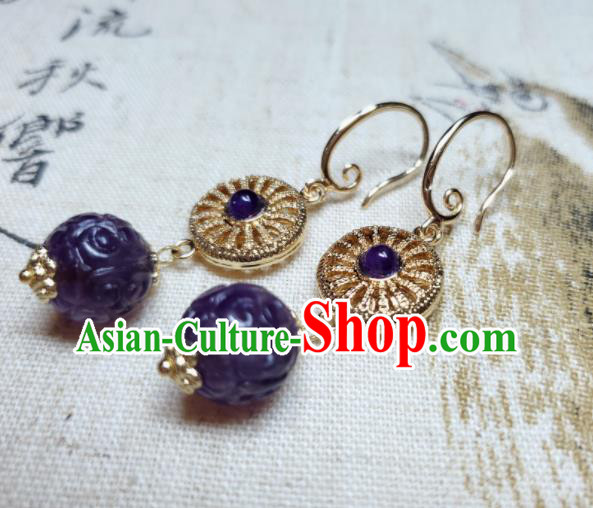 Handmade Chinese Traditional Amethyst Eardrop Cheongsam Ear Jewelry Ear Accessories National Golden Earrings
