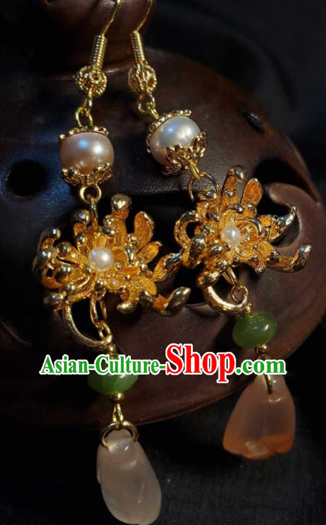 Handmade Chinese National Mangnolia Earrings Traditional Jade Eardrop Cheongsam Ear Jewelry Golden Chrysanthemum Ear Accessories