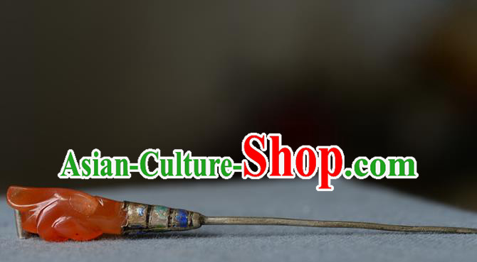Chinese Traditional Agate Mangnolia Hair Accessories Handmade Qing Dynasty Princess Hair Stick Ancient Palace Lady Cloisonne Silver Hairpin