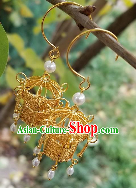Handmade Chinese Qing Dynasty Empress Ear Accessories National Golden Lantern Earrings Traditional Pearls Eardrop Cheongsam Ear Jewelry