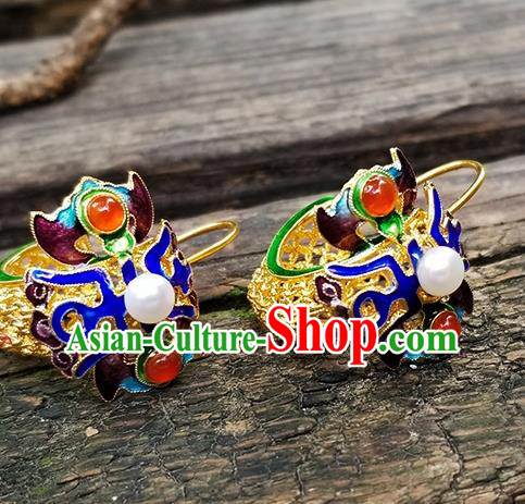 Handmade Chinese Qing Dynasty Court Ear Accessories National Cloisonne Earrings Traditional Filigree Eardrop Cheongsam Pearl Ear Jewelry